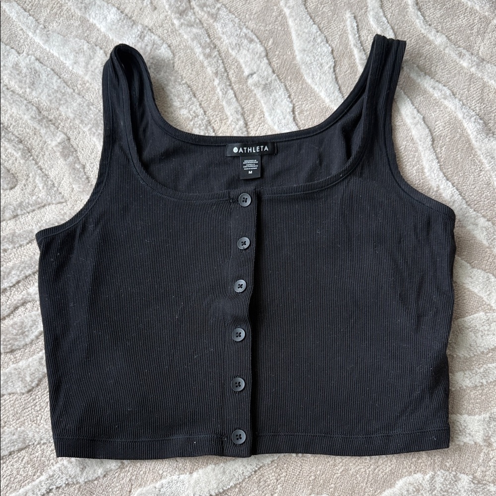Athleta Black Ribbed Button-Front Crop Tank Top